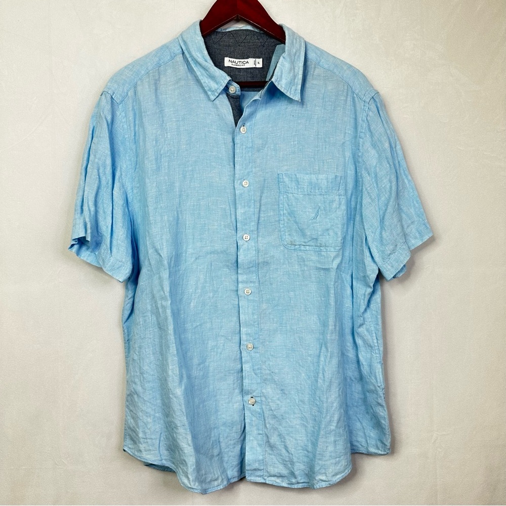 Nautica Men's Light Blue Short Sleeve Linen Button-Up Shirt